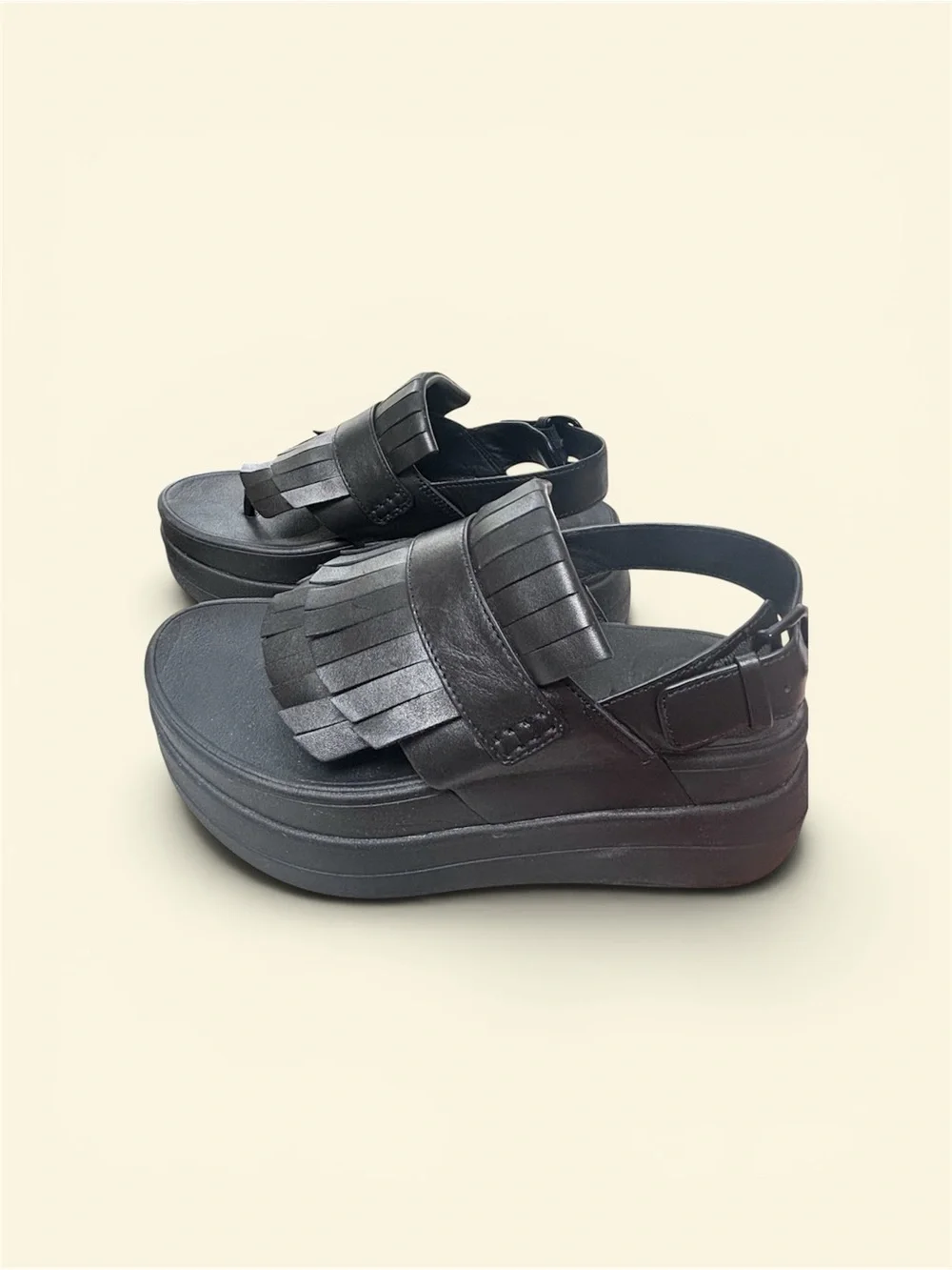 Fitflop Black Leather Fringe Slingback Sandals with Buckle